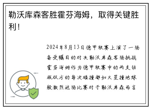 勒沃库森客胜霍芬海姆，取得关键胜利！