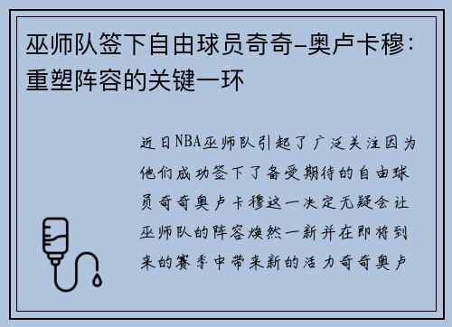 巫师队签下自由球员奇奇-奥卢卡穆：重塑阵容的关键一环