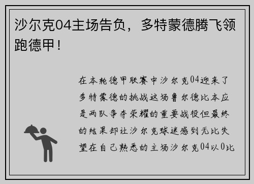 沙尔克04主场告负，多特蒙德腾飞领跑德甲！