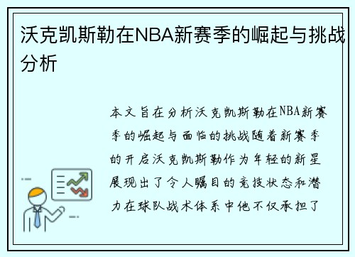 沃克凯斯勒在NBA新赛季的崛起与挑战分析