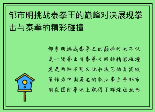 邹市明挑战泰拳王的巅峰对决展现拳击与泰拳的精彩碰撞