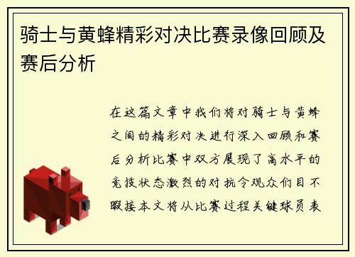 骑士与黄蜂精彩对决比赛录像回顾及赛后分析