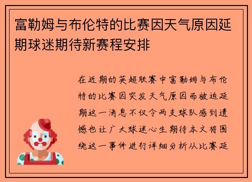 富勒姆与布伦特的比赛因天气原因延期球迷期待新赛程安排