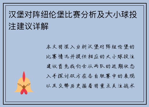 汉堡对阵纽伦堡比赛分析及大小球投注建议详解