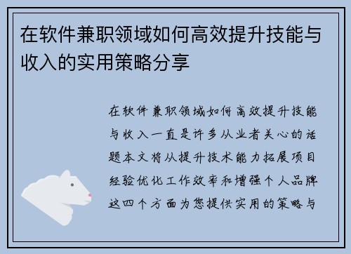 在软件兼职领域如何高效提升技能与收入的实用策略分享