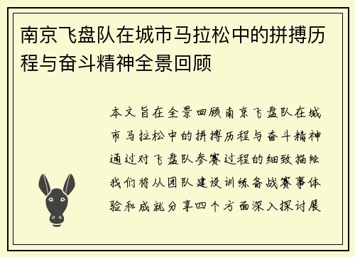 南京飞盘队在城市马拉松中的拼搏历程与奋斗精神全景回顾